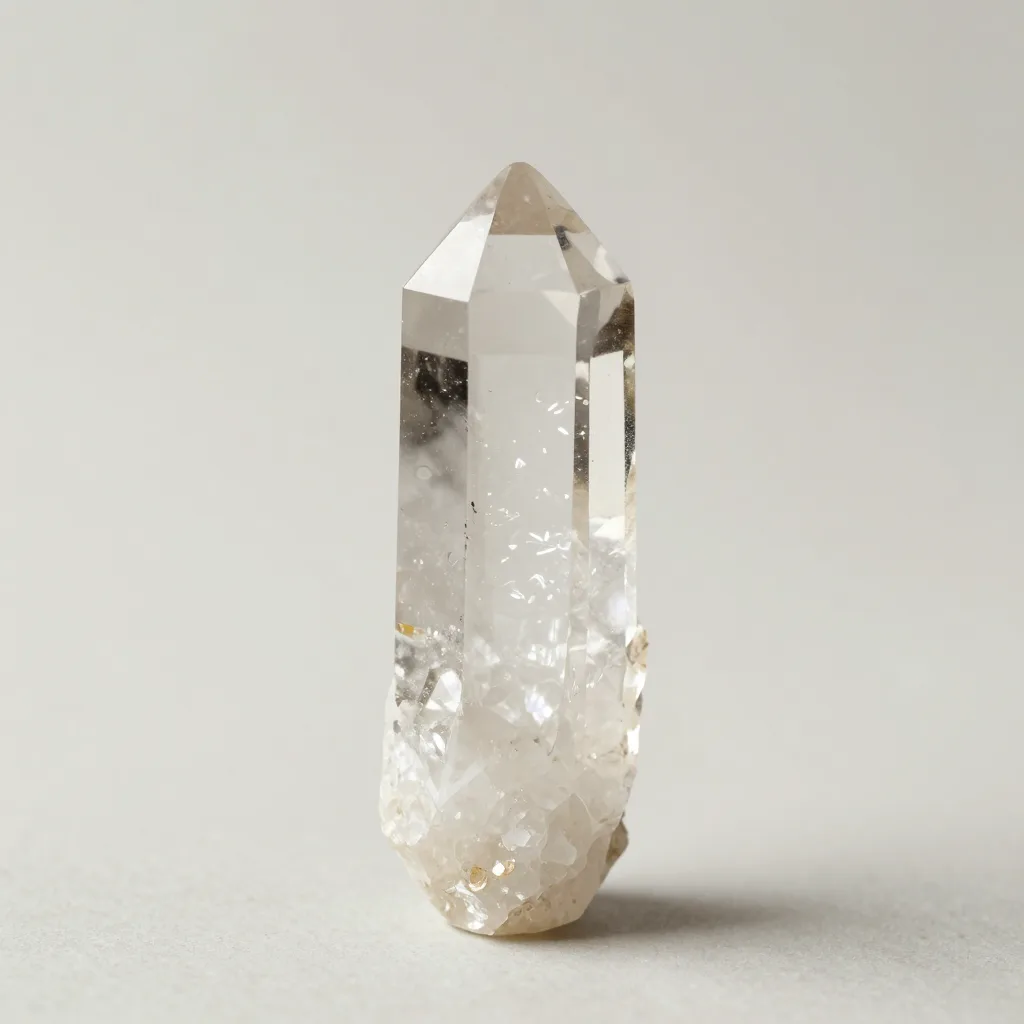 A polished clear alum crystal on a light background