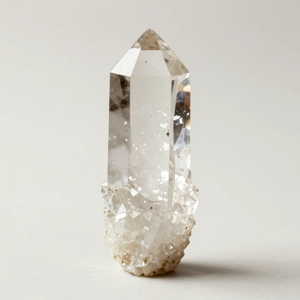 A large polished clear alum crystal on a light background