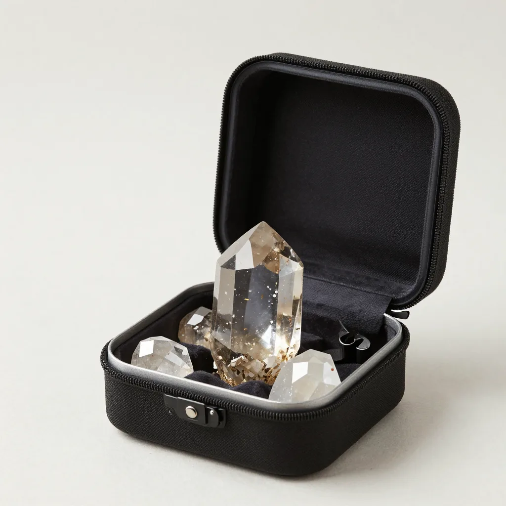 A travel alum crystal in a case on a light background