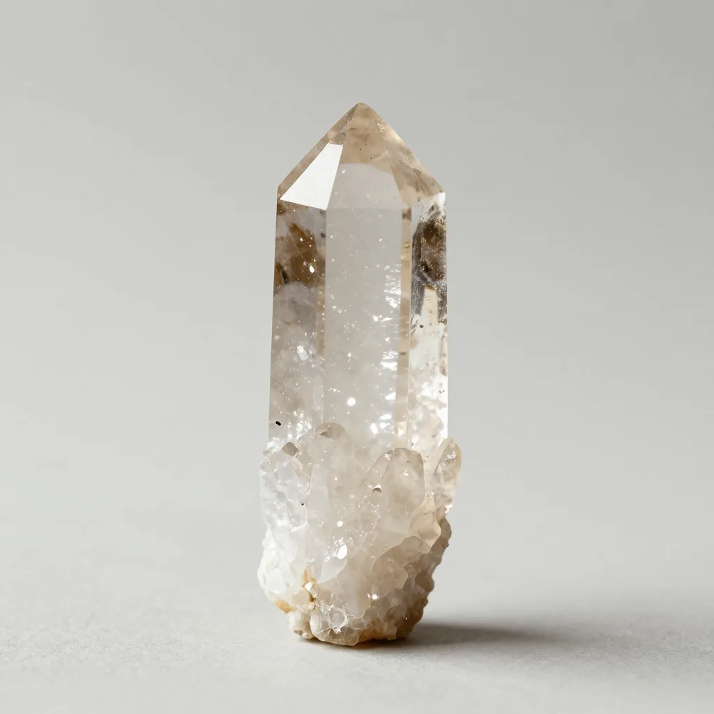 A large and a mini alum crystal together on a light background