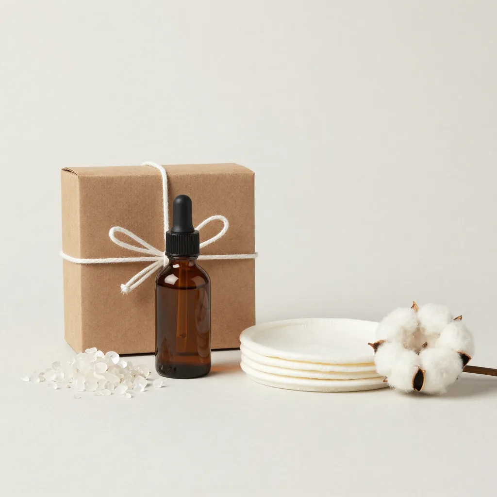 A zero-waste gift set with alum crystals and a dish in cotton on a light background