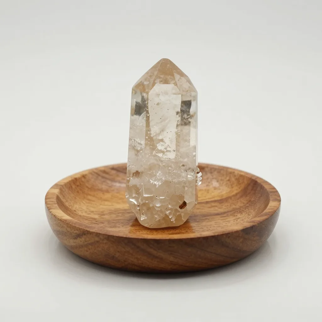 A polished alum crystal on a wooden dish on a light background